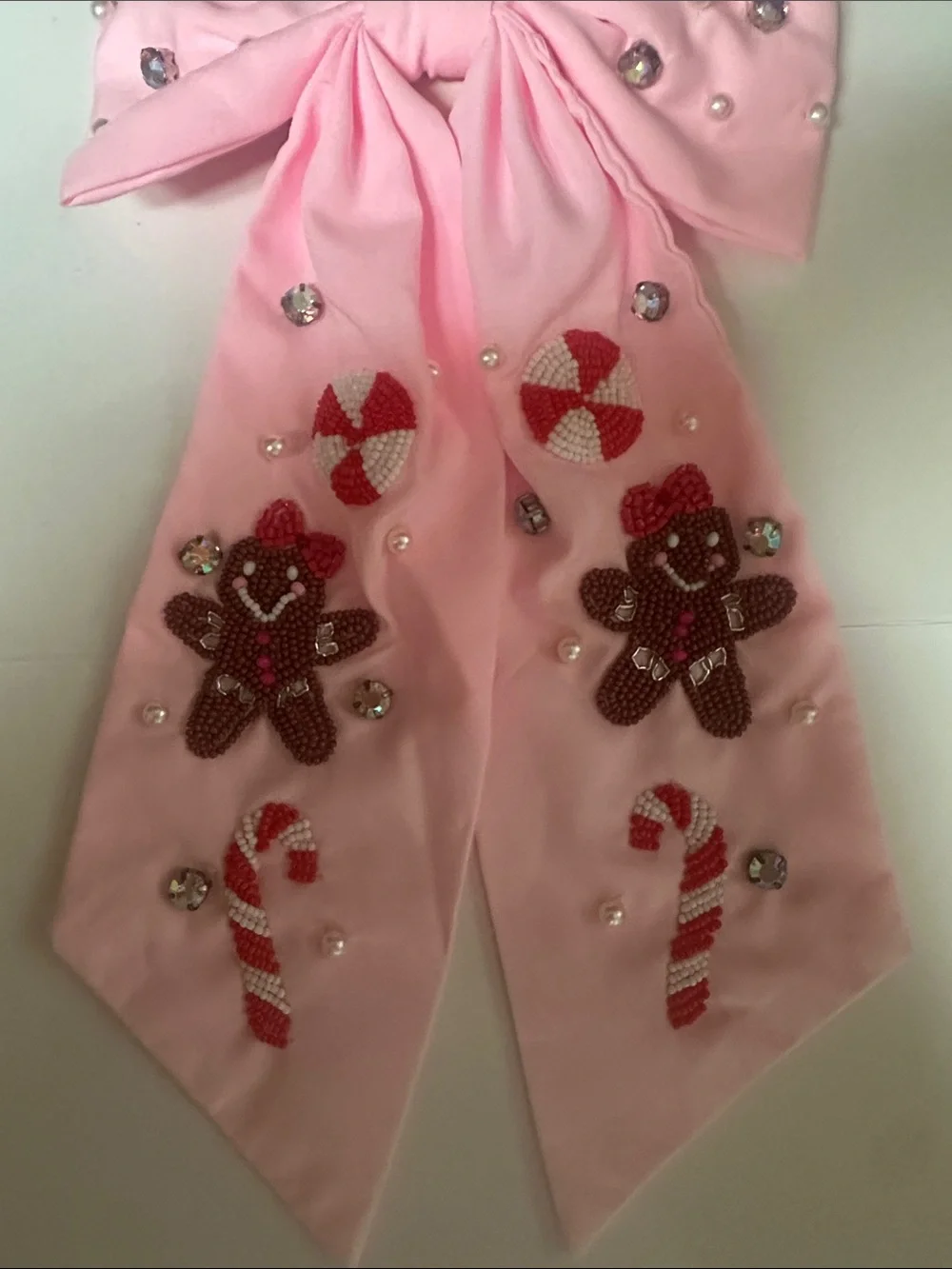 Pink Embellished Kids Hair Bow with Gingerbread & Candy Bead Accents